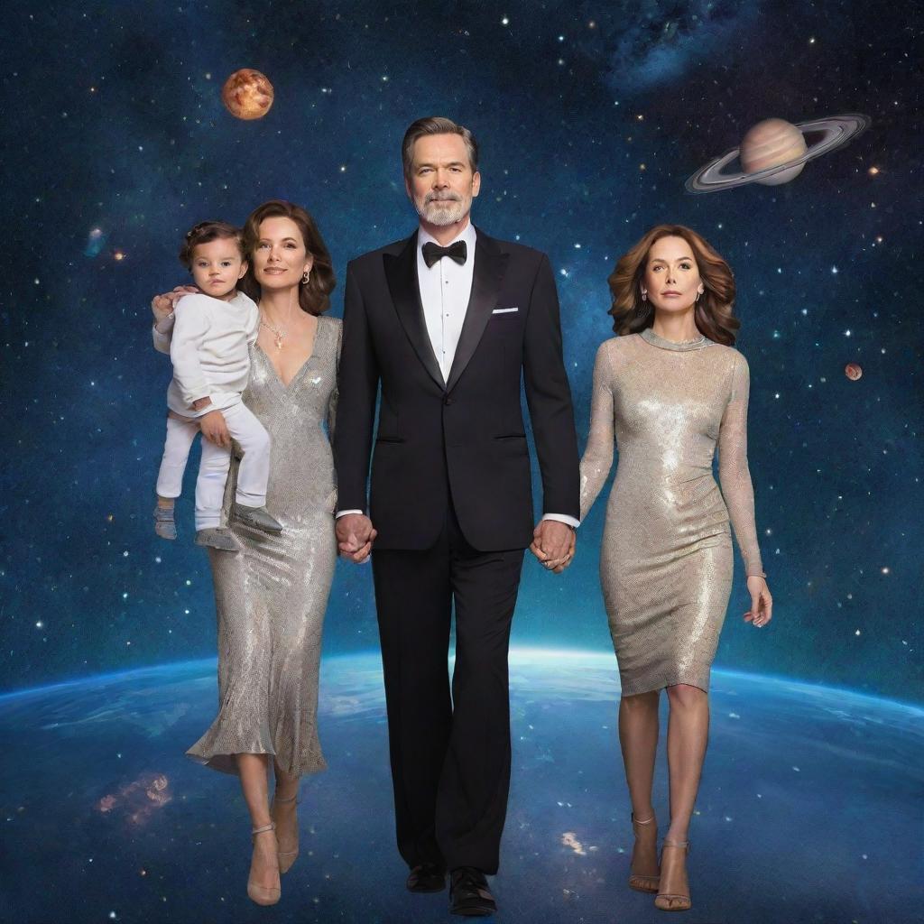 A sophisticated, wealthy family floating in the cosmos, surrounded by stars, galaxies, and celestial bodies, dressed in futuristic attire.