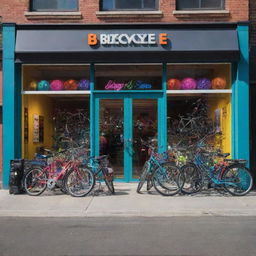 Create a front view image of a bicycle shop, brightly lit, highlighting an inviting storefront with an array of colorful, glistening bicycles and accessories on display.