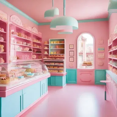 The confectionery theme of the bakery is beautifully incorporated into the architecture and interior design with candy-colored walls and whimsical furniture.