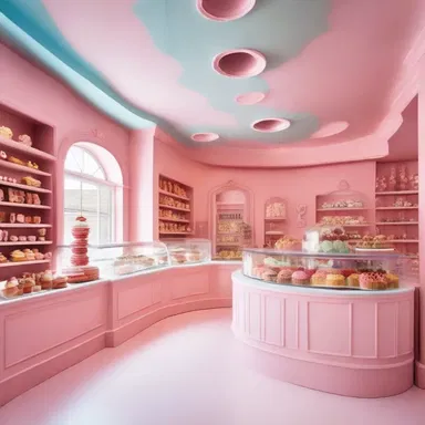 The confectionery theme of the bakery is beautifully incorporated into the architecture and interior design with candy-colored walls and whimsical furniture.