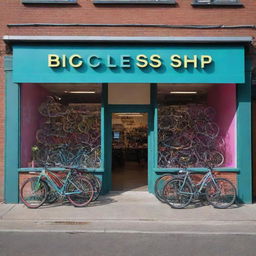 Create a front view image of a bicycle shop, brightly lit, highlighting an inviting storefront with an array of colorful, glistening bicycles and accessories on display.