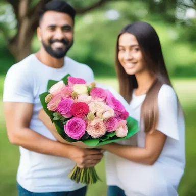 He confected a beautiful bouquet of flowers and presented it to his girlfriend on their anniversary.