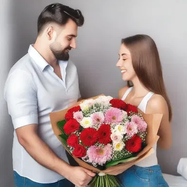 He confected a beautiful bouquet of flowers and presented it to his girlfriend on their anniversary.