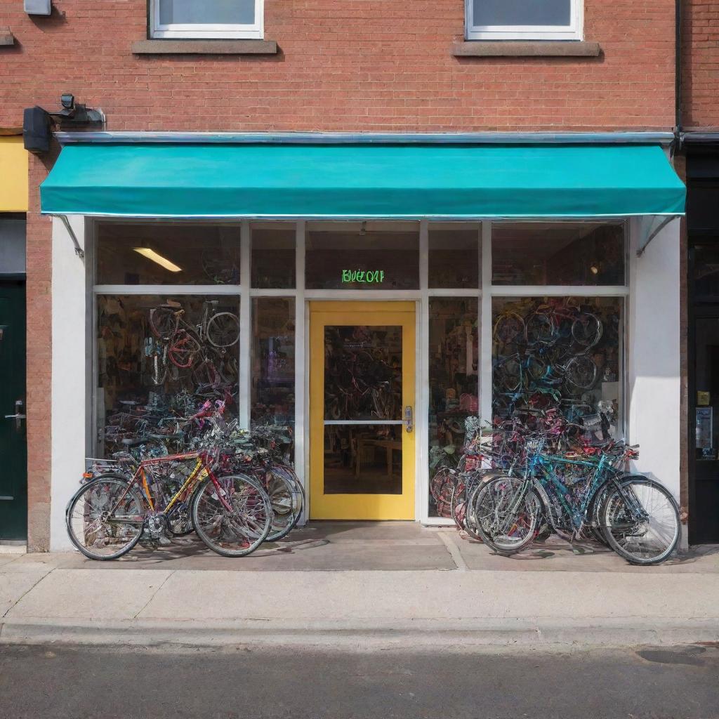 Create a front view image of a bicycle shop, brightly lit, highlighting an inviting storefront with an array of colorful, glistening bicycles and accessories on display.