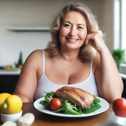 A high-quality, photorealistic digital art image featuring a beautiful Caucasian woman, presumably your wife, indulging in a feast