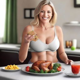 A high-quality, photorealistic digital art image featuring a beautiful Caucasian woman, presumably your wife, indulging in a feast