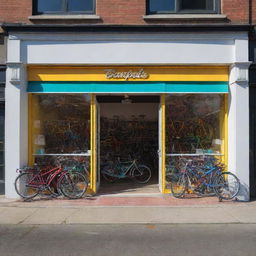 Create a front view image of a bicycle shop, brightly lit, highlighting an inviting storefront with an array of colorful, glistening bicycles and accessories on display.