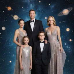 A sophisticated, wealthy family floating in the cosmos, surrounded by stars, galaxies, and celestial bodies, dressed in futuristic attire.