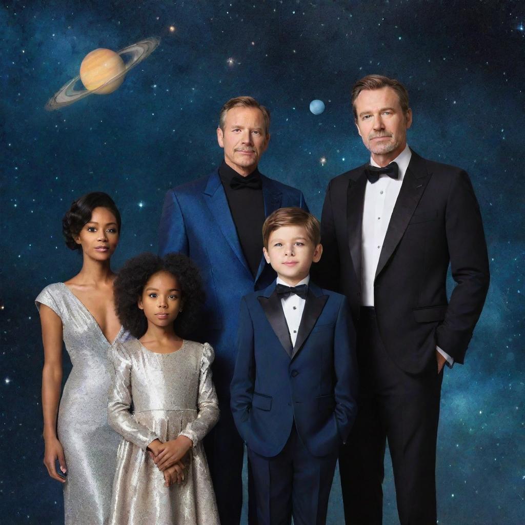 A sophisticated, wealthy family floating in the cosmos, surrounded by stars, galaxies, and celestial bodies, dressed in futuristic attire.