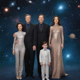 A sophisticated, wealthy family floating in the cosmos, surrounded by stars, galaxies, and celestial bodies, dressed in futuristic attire.