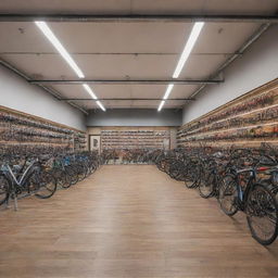 Generate a front-facing view of a bicycle shop, with bright and inviting lighting illuminating the storefront, highlighting the impressive array of bicycles and accessories within.