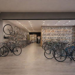 Generate a front-facing view of a bicycle shop, with bright and inviting lighting illuminating the storefront, highlighting the impressive array of bicycles and accessories within.