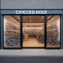 Generate a front-facing view of a bicycle shop, with bright and inviting lighting illuminating the storefront, highlighting the impressive array of bicycles and accessories within.