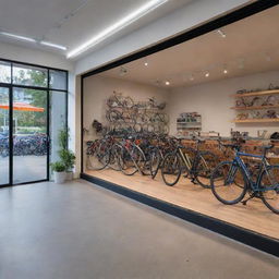 Generate a front-facing view of a bicycle shop, with bright and inviting lighting illuminating the storefront, highlighting the impressive array of bicycles and accessories within.