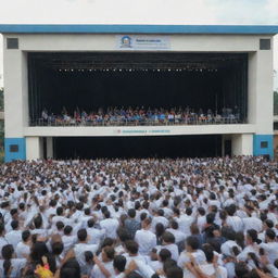 29th anniversary celebration of SMK Bakti Nusantara Sidoharjo featuring a large stage with a lively band, large sound systems, joyous students watching the band, and birds observing the event from a classroom rooftop.