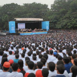 29th anniversary celebration of SMK Bakti Nusantara Sidoharjo featuring a large stage with a lively band, large sound systems, joyous students watching the band, and birds observing the event from a classroom rooftop.