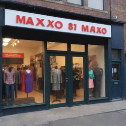 A large, brightly lit, and colourful men's dress shop with the name MAXO_819 prominently featured on the storefront