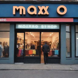 A large, brightly lit, and colourful men's dress shop with the name MAXO_819 prominently featured on the storefront