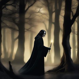 A high-quality digital art piece in the style of classical realism, depicting Severus Snape, in a billowing black cloak, heroically rescuing Hermione from the eerie depths of the Forbidden Forest