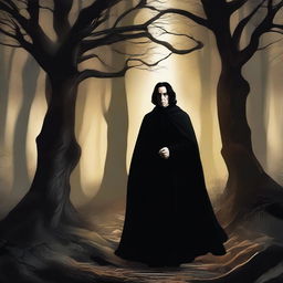 A high-quality digital art piece in the style of classical realism, depicting Severus Snape, in a billowing black cloak, heroically rescuing Hermione from the eerie depths of the Forbidden Forest