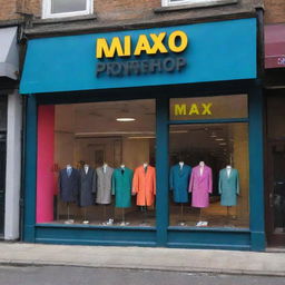 A large, brightly lit, and colourful men's dress shop with the name MAXO_819 prominently featured on the storefront