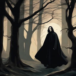 A high-quality digital art piece in the style of classical realism, depicting Severus Snape, in a billowing black cloak, heroically rescuing Hermione from the eerie depths of the Forbidden Forest