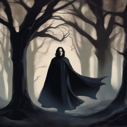 A high-quality digital art piece in the style of classical realism, depicting Severus Snape, in a billowing black cloak, heroically rescuing Hermione from the eerie depths of the Forbidden Forest