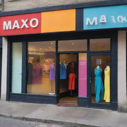 A large, brightly lit, and colourful men's dress shop with the name MAXO_819 prominently featured on the storefront