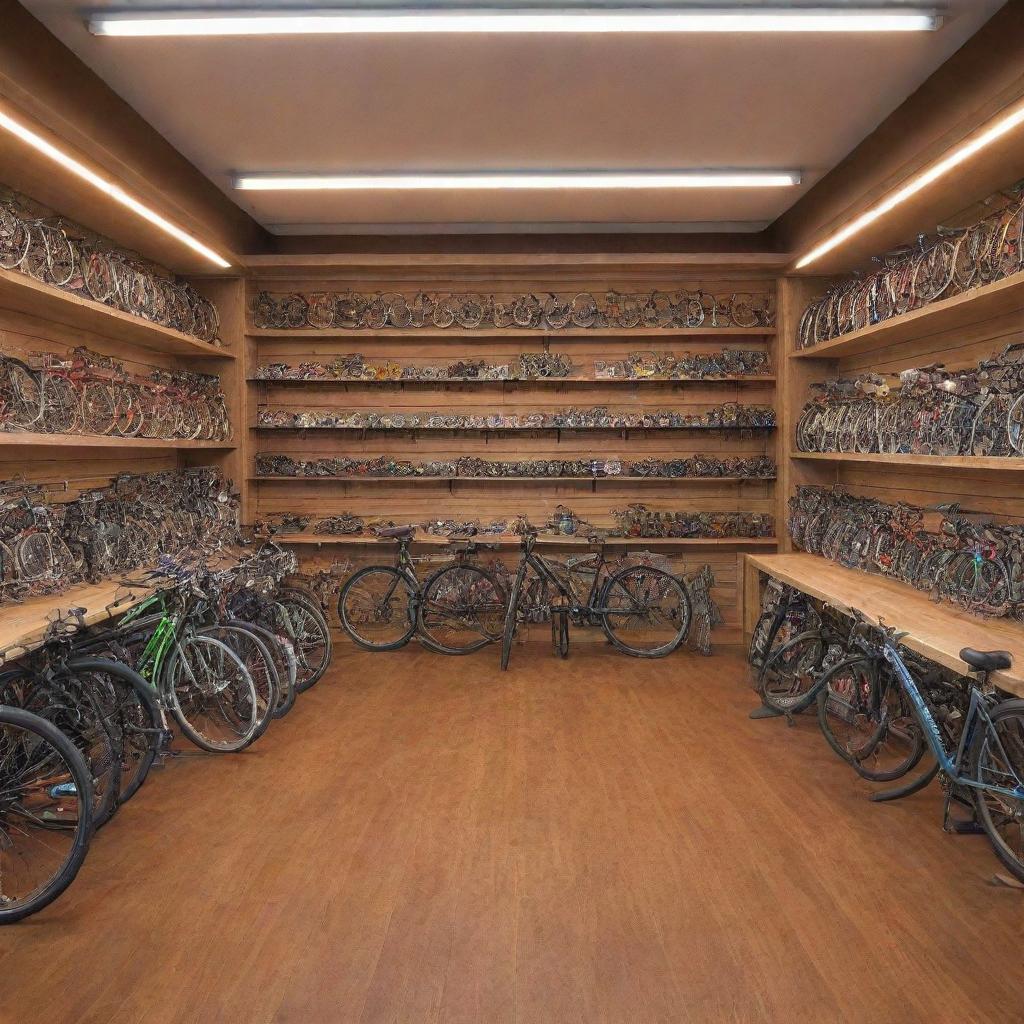 Craft a front view of a highly organized bicycle shop, lit brightly to highlight the structure of the storefront and the neatly arranged bicycles and accessories.