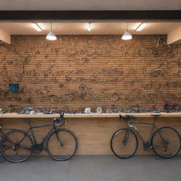 Craft a front view of a highly organized bicycle shop, lit brightly to highlight the structure of the storefront and the neatly arranged bicycles and accessories.