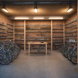 Craft a front view of a highly organized bicycle shop, lit brightly to highlight the structure of the storefront and the neatly arranged bicycles and accessories.