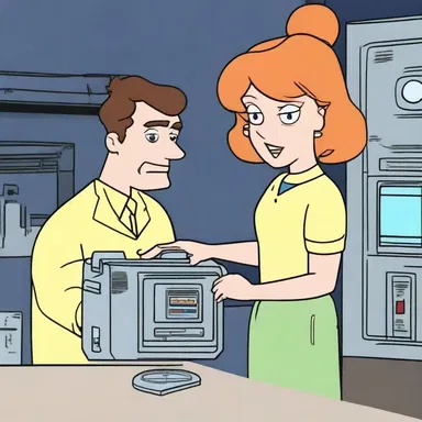 In the animated series, the character pulls out a reset to fix a malfunctioning gadget.