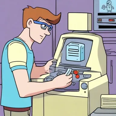 In the animated series, the character pulls out a reset to fix a malfunctioning gadget.