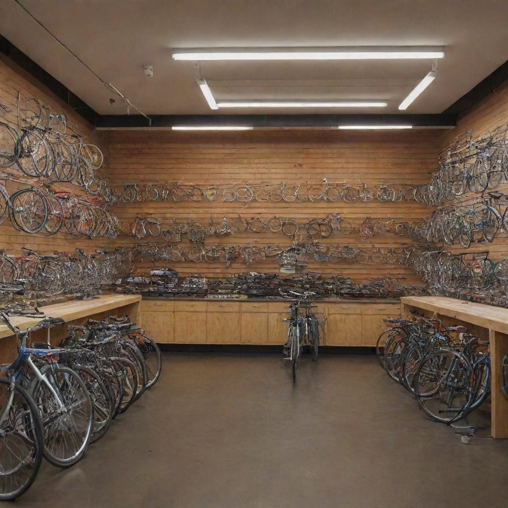 Craft a front view of a highly organized bicycle shop, lit brightly to highlight the structure of the storefront and the neatly arranged bicycles and accessories.