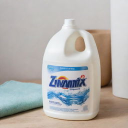 A 5-litre can of Zivantix liquid detergent next to a pile of laundry.