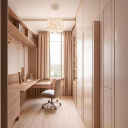 Square room interior design, 250cm by 295cm, as a dressing and study room, with closet on right, desk under window on front wall, and sitting area on the left, well-lit, modern style.