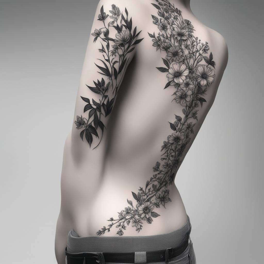 This is a black and white illustrative tattoo design featuring a line of flowers running down the spine