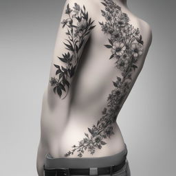 This is a black and white illustrative tattoo design featuring a line of flowers running down the spine