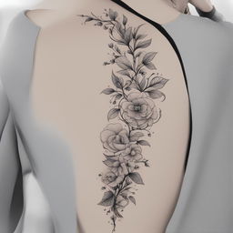 This is a black and white illustrative tattoo design featuring a line of flowers running down the spine