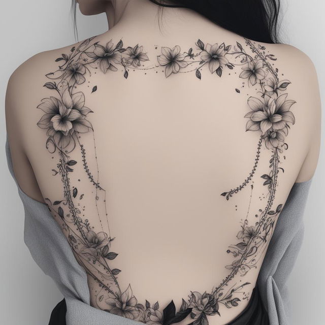 This is a black and white illustrative tattoo design featuring a line of flowers running down the spine