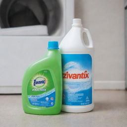 A 5-litre can of Zivantix liquid detergent next to a pile of laundry.