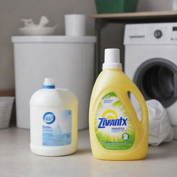 A 5-litre can of Zivantix liquid detergent next to a pile of laundry.