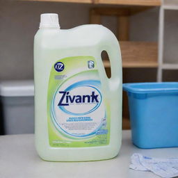 A 5-litre can of Zivantix liquid detergent next to a pile of laundry.