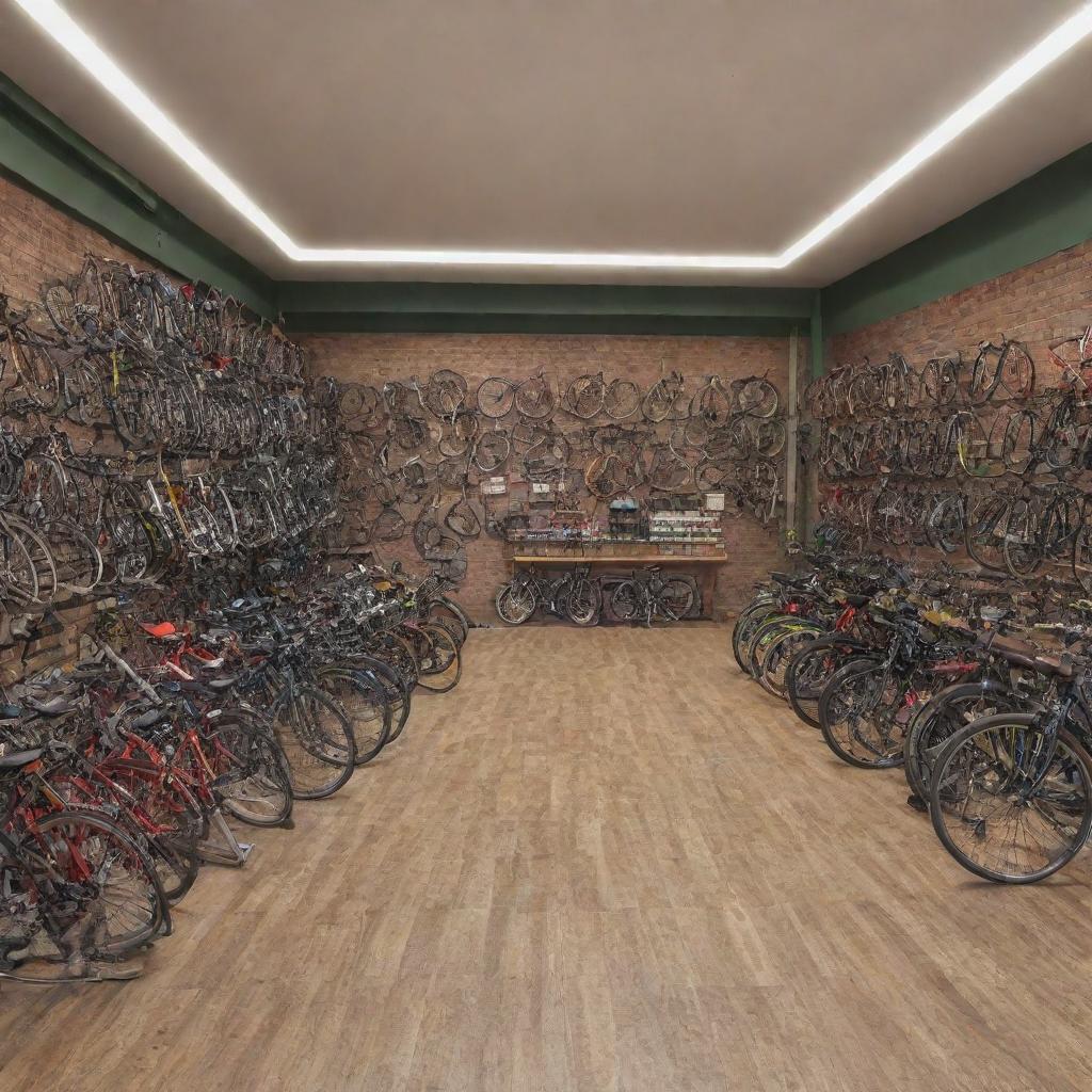 Generate an image of a characterful bicycle shop, filled with a wide range of bicycles and cycling equipment, showcasing a bustling and engaging environment.