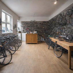 Generate an image of a characterful bicycle shop, filled with a wide range of bicycles and cycling equipment, showcasing a bustling and engaging environment.