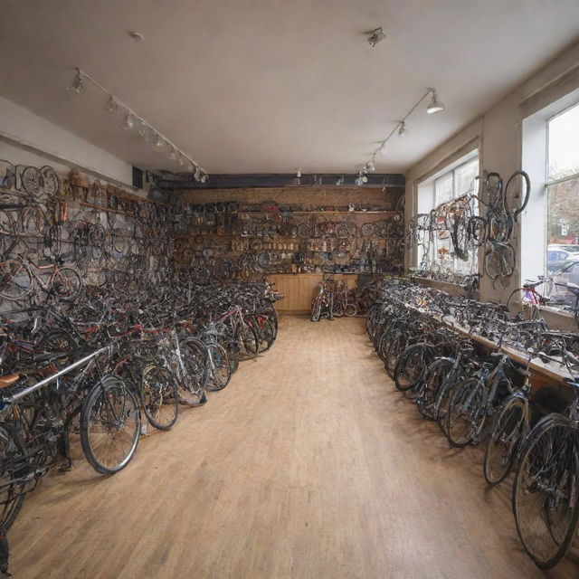 Generate an image of a characterful bicycle shop, filled with a wide range of bicycles and cycling equipment, showcasing a bustling and engaging environment.