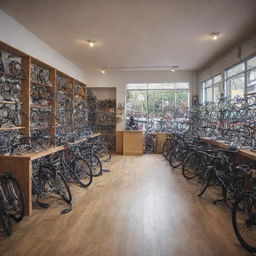 Generate an image of a characterful bicycle shop, filled with a wide range of bicycles and cycling equipment, showcasing a bustling and engaging environment.