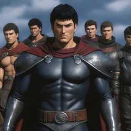 Improve the realism in the previous Berserk Anime image and add all characters from the Band of the Falcon. Emphasize lifelike textures, accurate character likenesses, and dynamic group interaction.