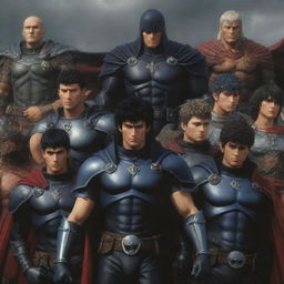 Improve the realism in the previous Berserk Anime image and add all characters from the Band of the Falcon. Emphasize lifelike textures, accurate character likenesses, and dynamic group interaction.