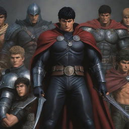 Improve the realism in the previous Berserk Anime image and add all characters from the Band of the Falcon. Emphasize lifelike textures, accurate character likenesses, and dynamic group interaction.